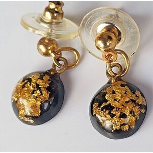 Handcrafted Gold Flakes in Resin Stud Dangle Earrings Surgical Steel Posts 0.8"